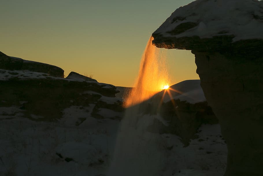 snow covered rock formation, light, flare, nature, outdoors, mountain HD wallpaper