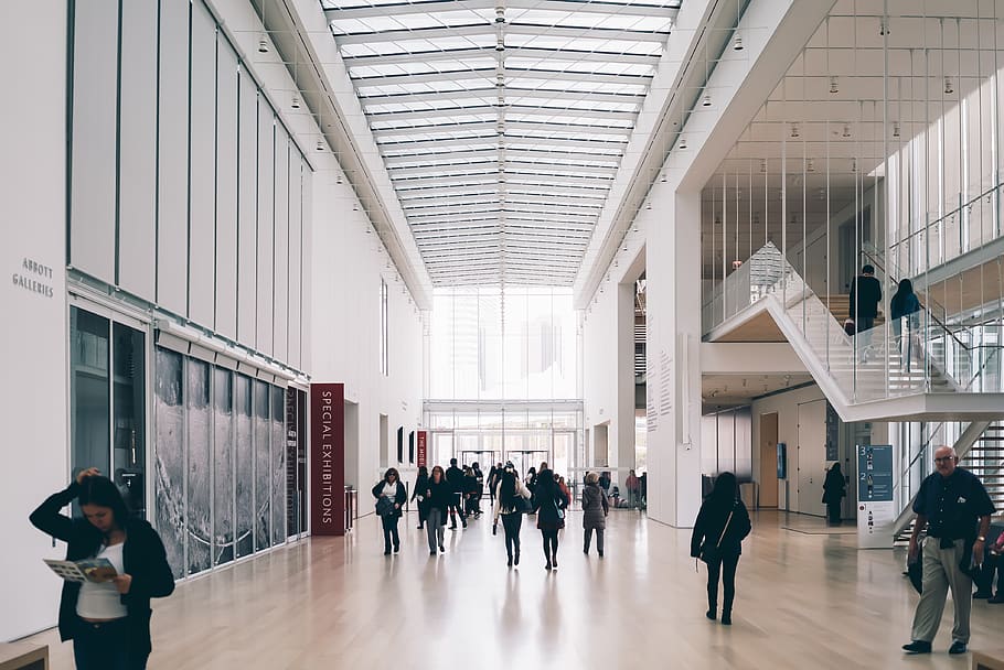 People Along Hallway of Concrete Building, architecture, ceiling HD wallpaper