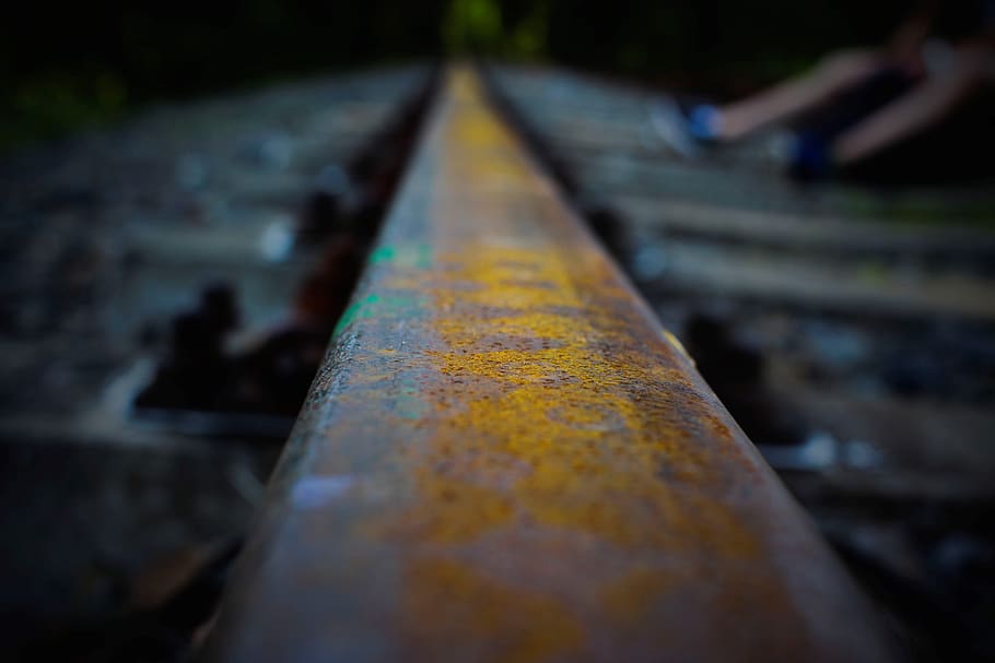 rails, train tracks, abandoned, dark, rust, vintage, old, forest, HD wallpaper
