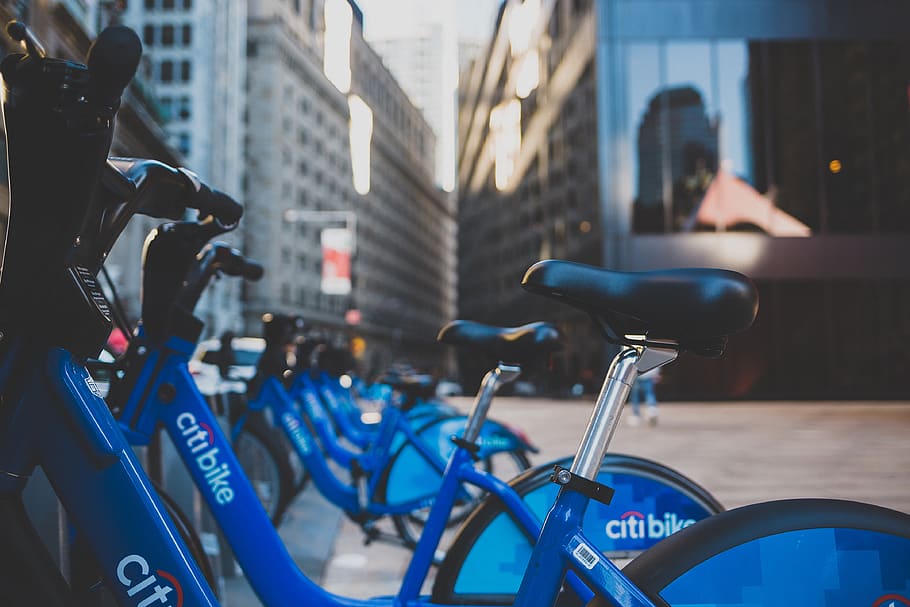 blue Citi Bike bicycles parked on sidewalk, united states, new york, HD wallpaper