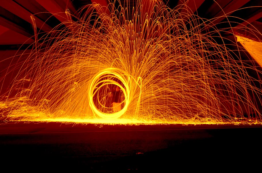 motion, night, wire wool, illuminated, blurred motion, long exposure HD wallpaper