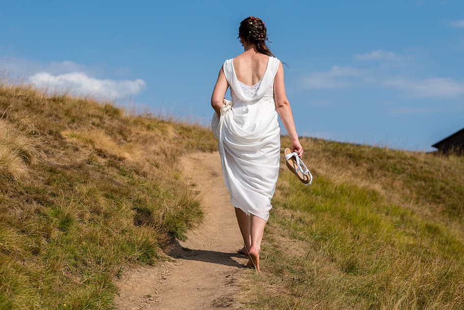 bride, way everywhere, wedding, barefoot, one person, rear view HD wallpaper