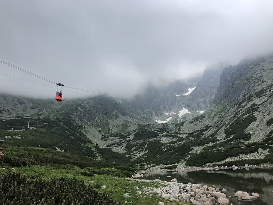 Green and Gray Mountain, cable car, clouds, cloudy, cloudy skies HD wallpaper