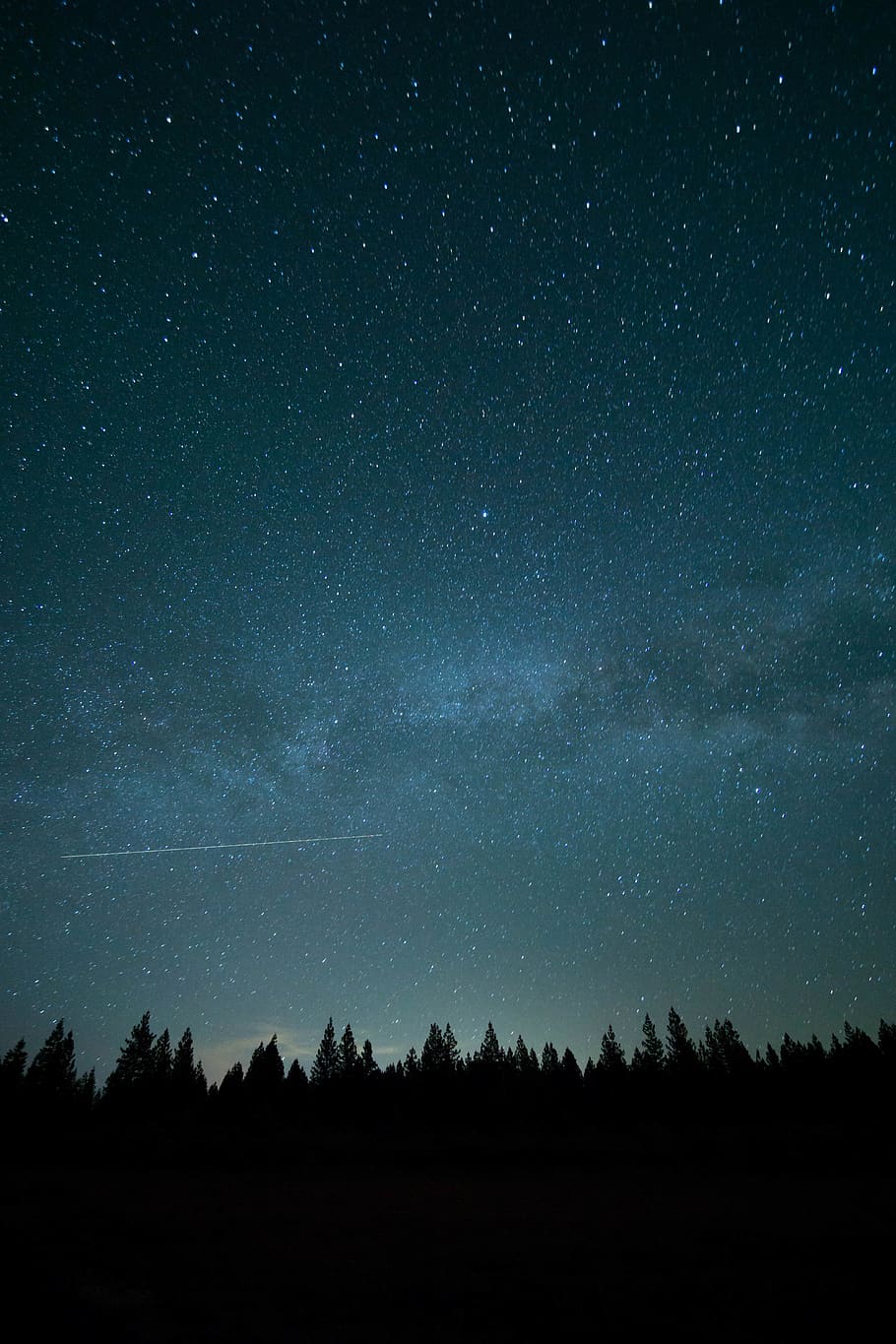 stars, sky, galaxy, night, dark, shooting star, tree line, silhouette HD wallpaper