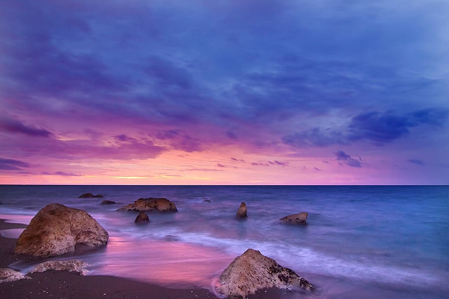 ea, ocean, water, waves, nature, rocks, horizon, blue, sky HD wallpaper
