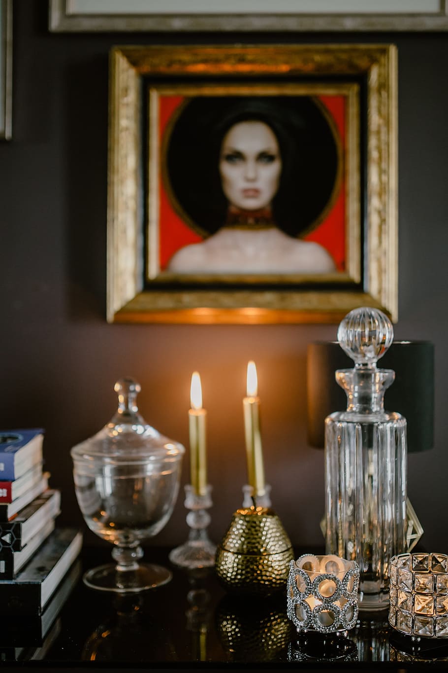 Decanter, candles, and a painting on the wall, interior, home HD wallpaper