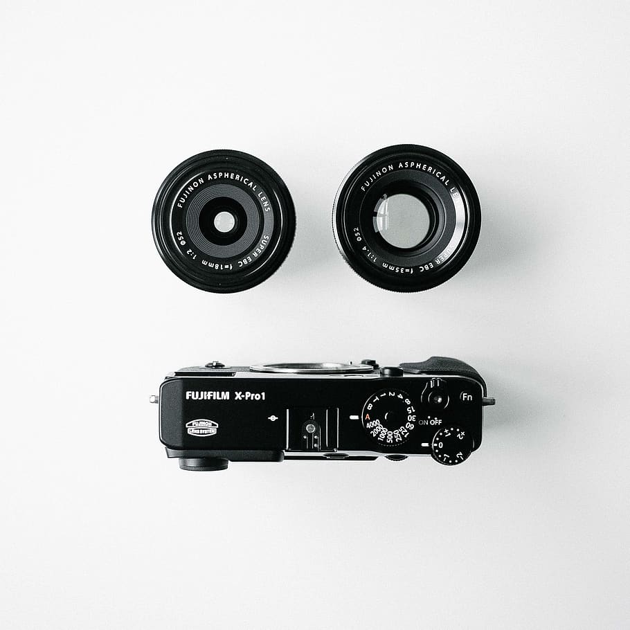 black Fujifilm camera set, technology, indoors, white background HD wallpaper