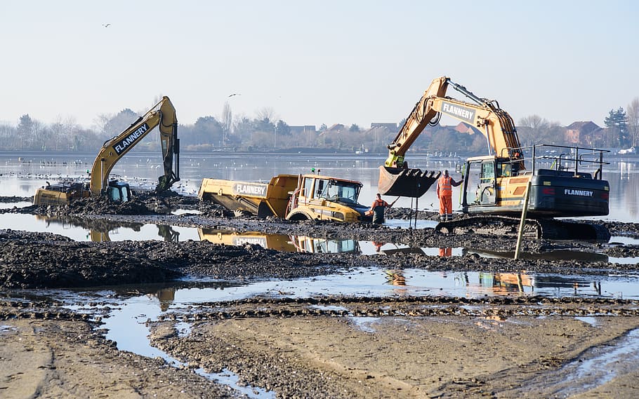 digger, mud, digging, excavator, machine, water, construction machinery HD wallpaper