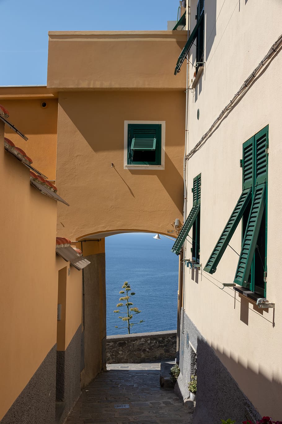 green louvered window, italy, cinque terre, alley, urban, town HD wallpaper