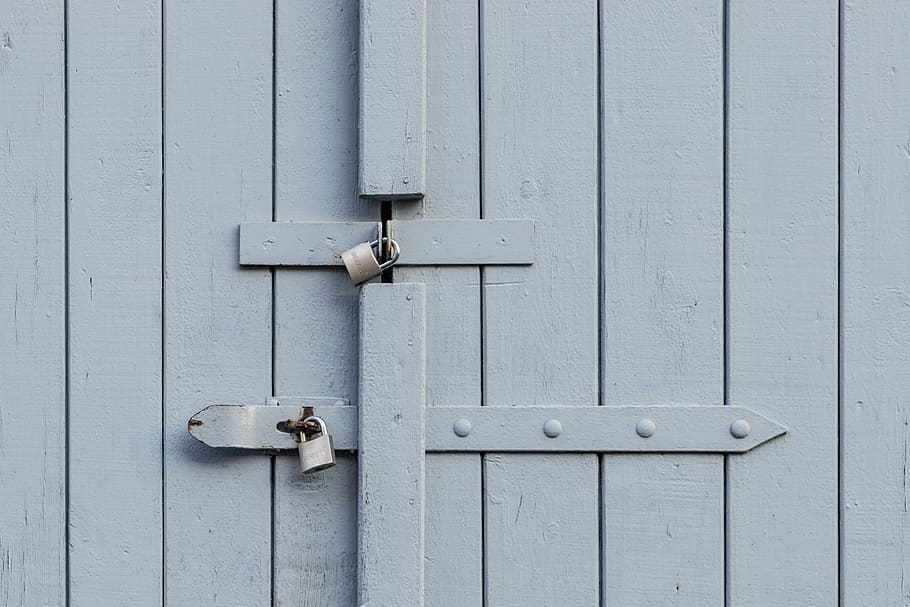 two gray metal padlocks on door, plank, safety, gate, farming HD wallpaper