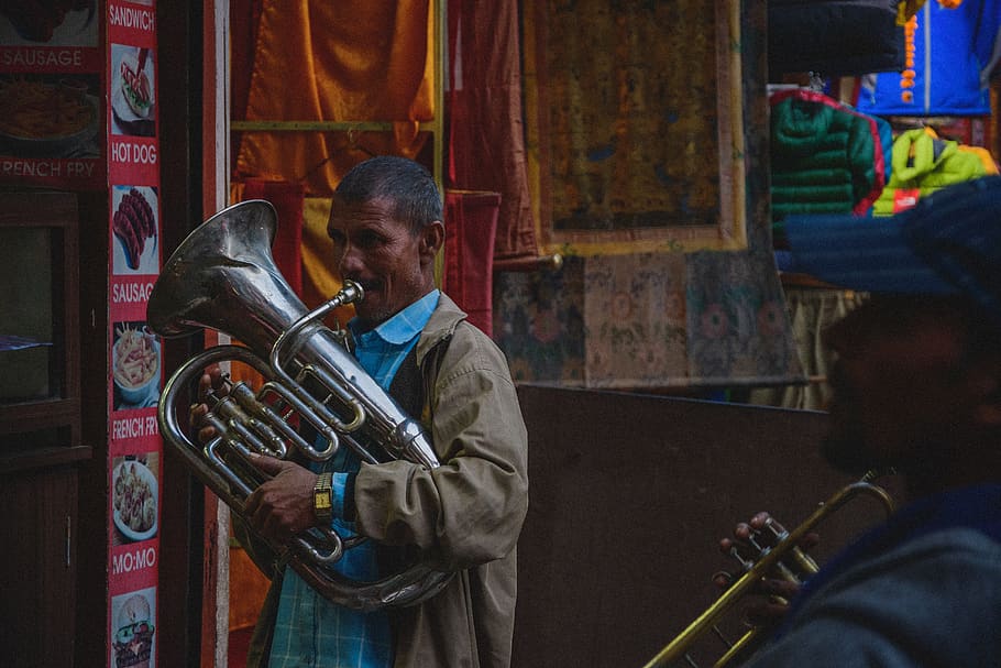man playing silver tuba, men, real people, musical instrument HD wallpaper