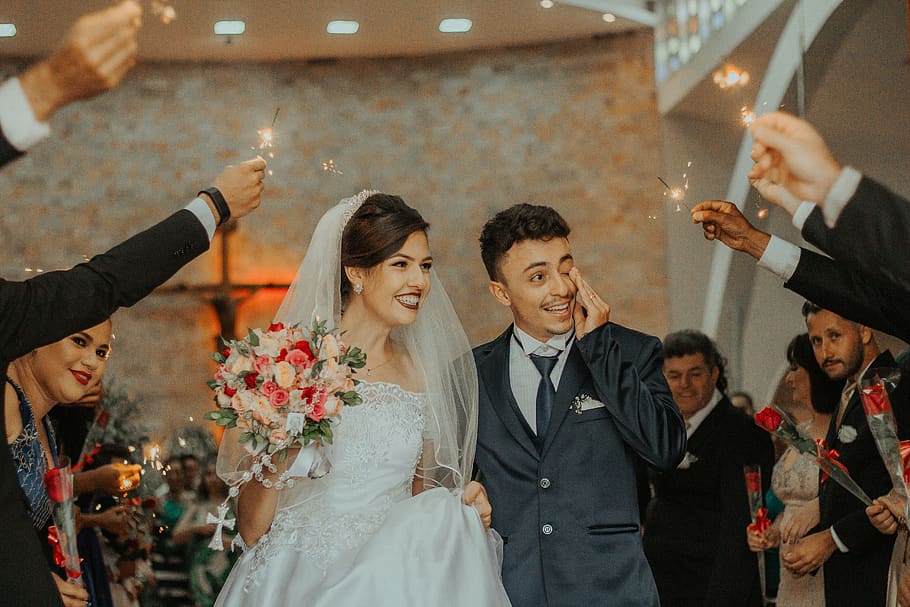 smiling bride and groom, celebration, event, wedding, newlywed HD wallpaper