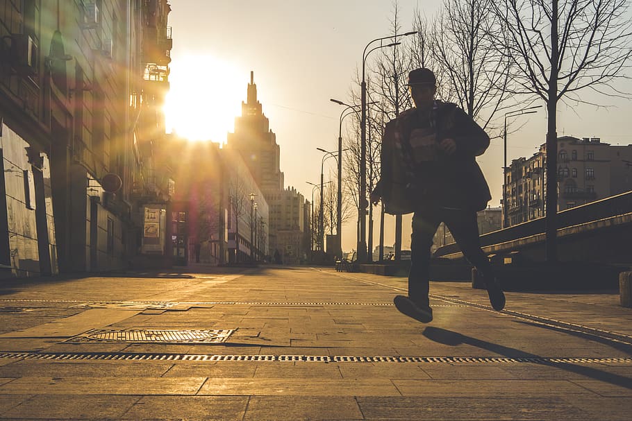 Man Running on Street during Sunset, action, active, activity HD wallpaper