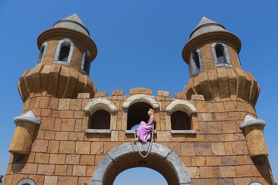 rapunzel, tower, door, stone, building, sky, purple, fairy tale HD wallpaper