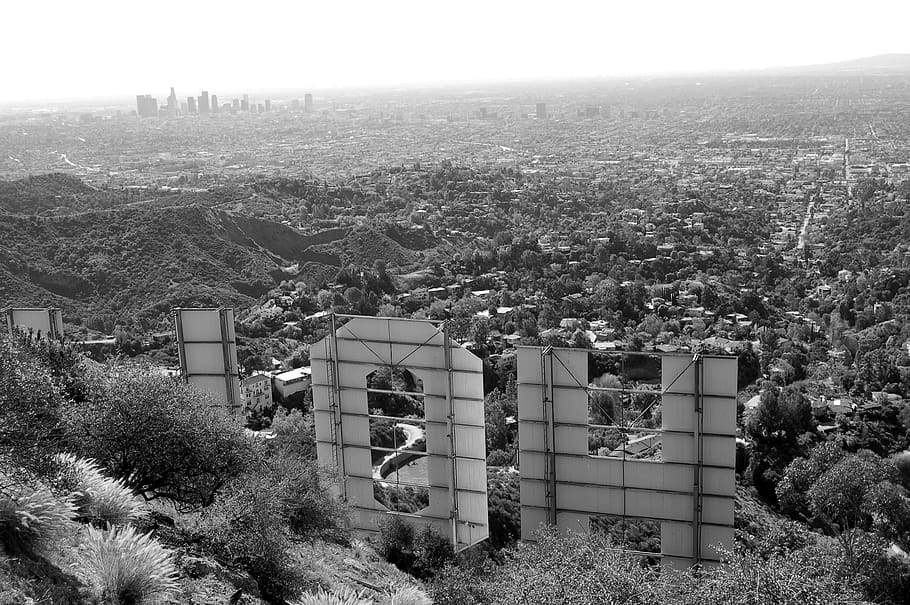 los angeles, hollywood sign, united states, b and w, black and white