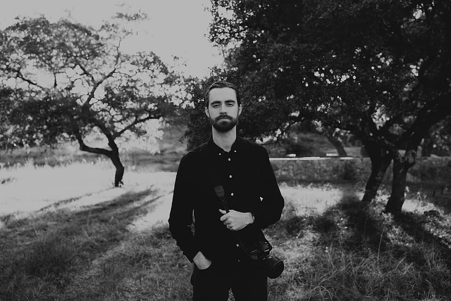 man wearing jacket, len, camera, canon, grass, tree, white, black HD wallpaper