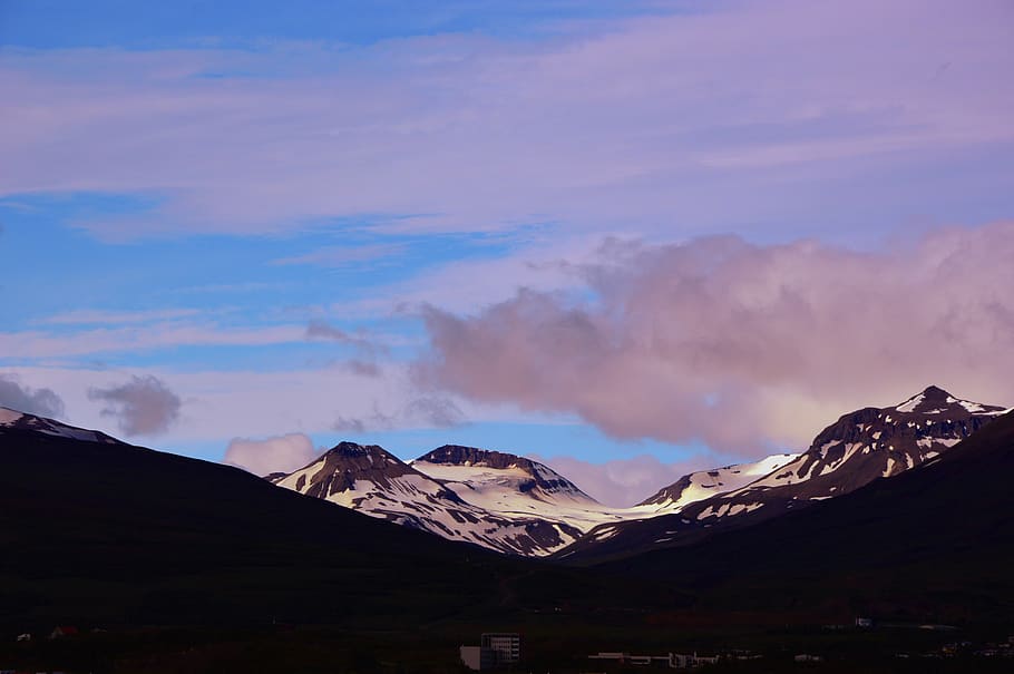 landscape, mountains, snow, snowy, sky, clouds, nature, mood HD wallpaper