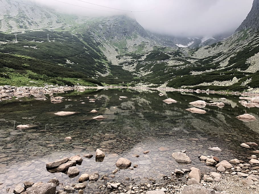 Landscape Photo of Bodies of Water Surrounded by Mountains, cloudy HD wallpaper