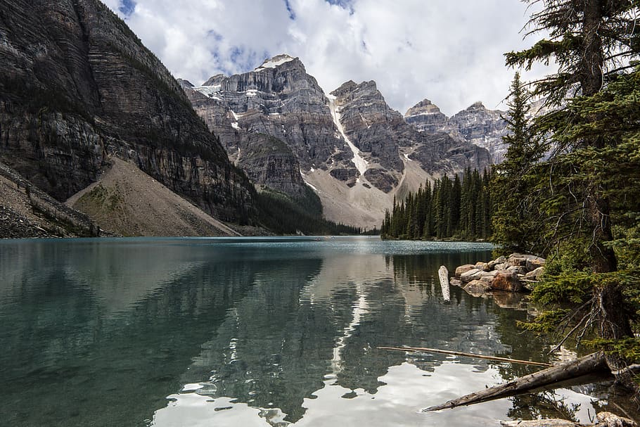 Scenic View at the Banff National Park, clouds, conifers, daylight HD wallpaper
