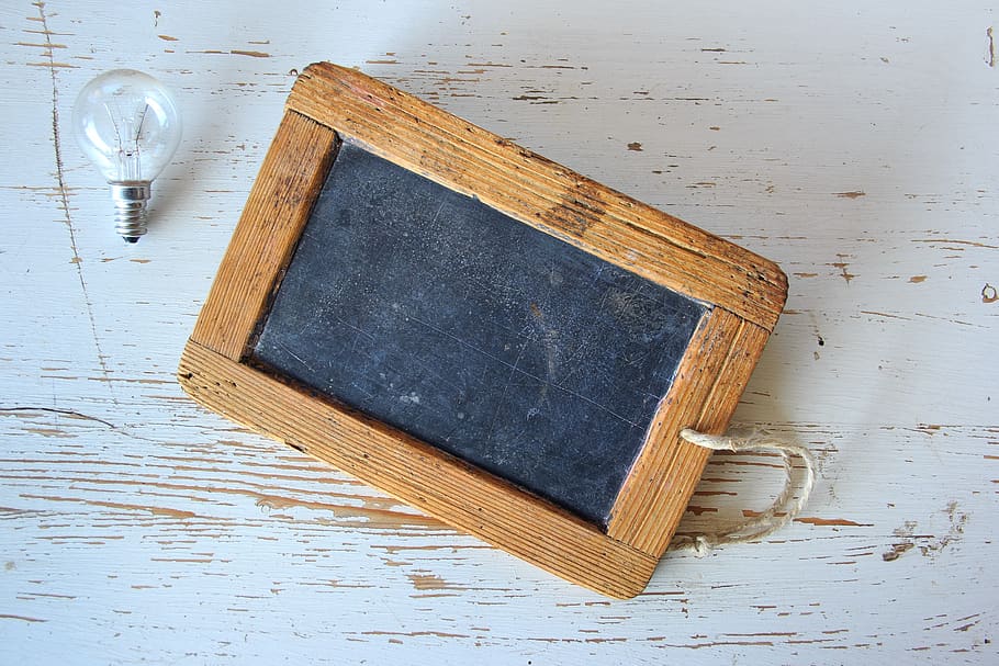 Brown Wooden Framed Chalkboard, blackboard, bulb, dirty, drawing HD wallpaper