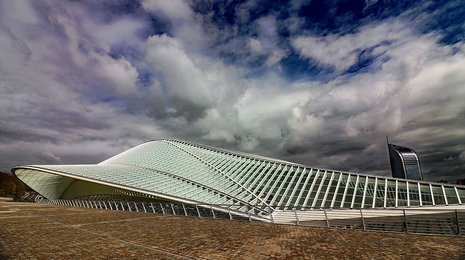 Green and White Stadium Under White Clouds, architecture, building HD wallpaper