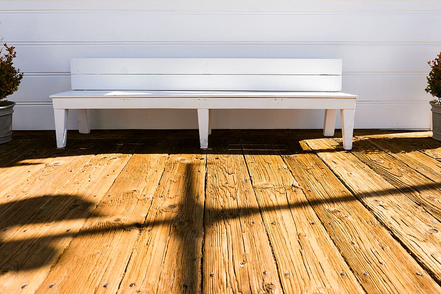White Wooden Bench in Front of White Wall, wood - material, flooring HD wallpaper