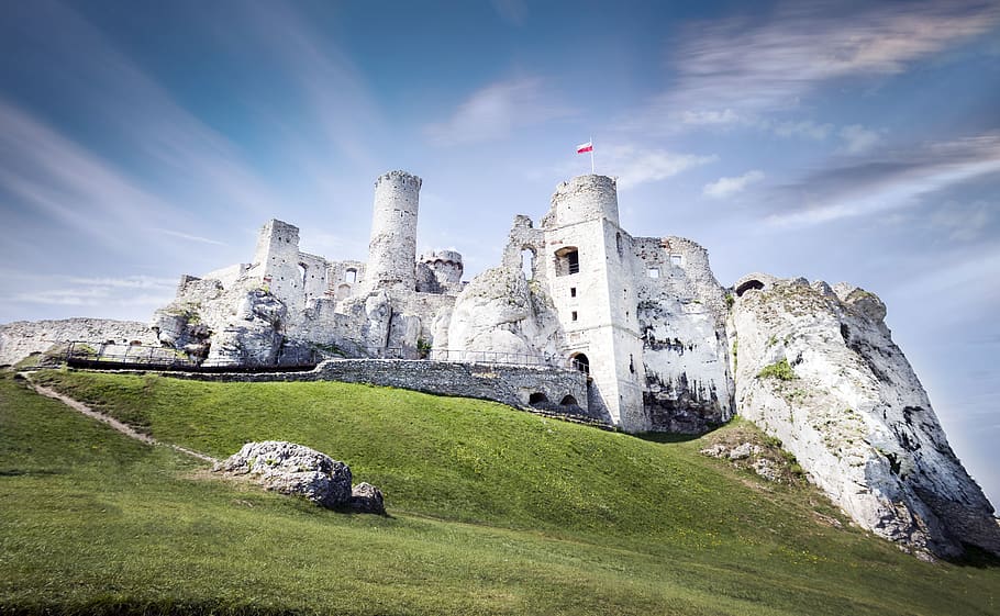 Castle, architecture, building, grass, hill, historical, landmark HD wallpaper