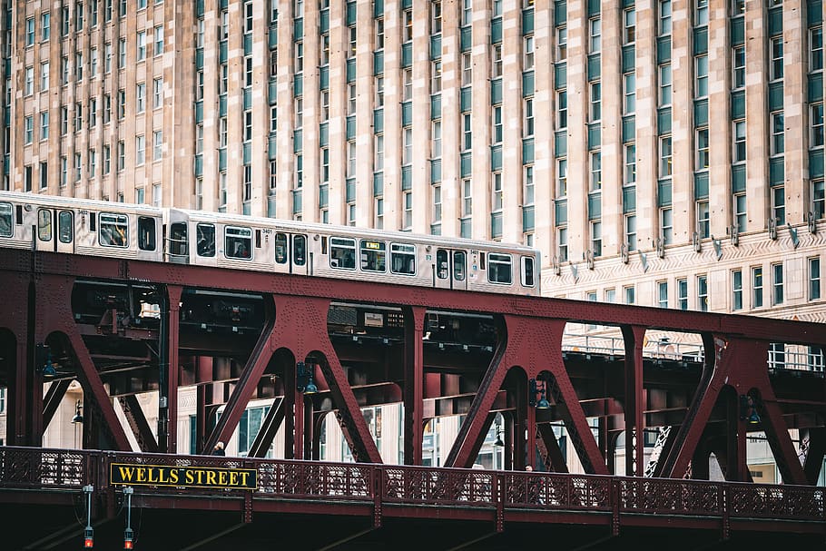 train passing on bridge, building, office building, architecture HD wallpaper