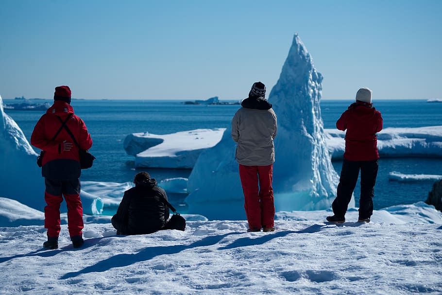 four people on ice near icebergs during daytime, nature, outdoors