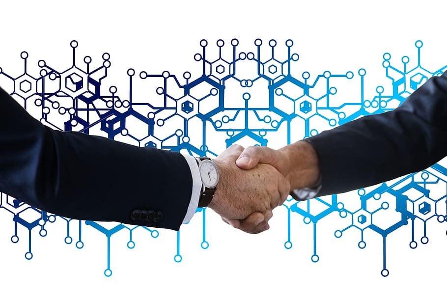 block chain, shaking hands, handshake, network, social, neurons HD wallpaper