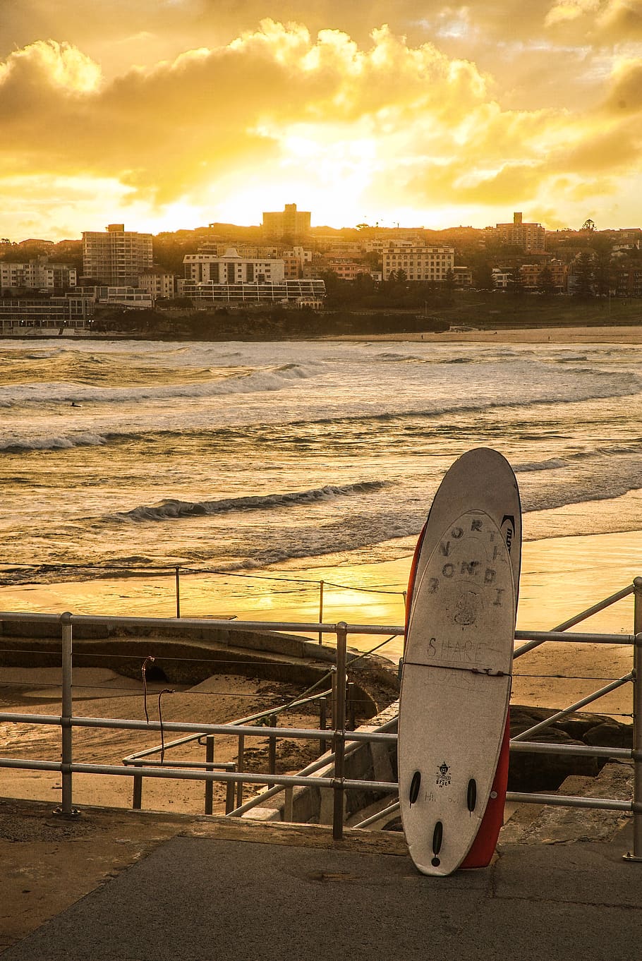 Surfboard Leaning On Railing, beach, dawn, ocean, pier, sea, seashore HD wallpaper