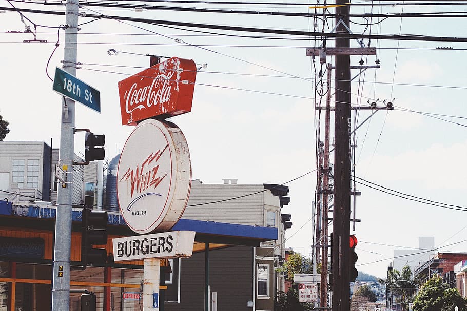 Coca-Cola signage, communication, text, cable, architecture, western script HD wallpaper