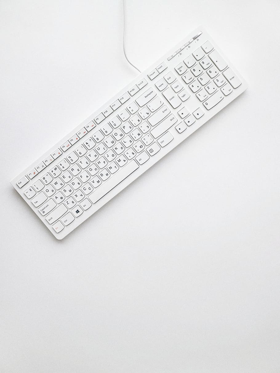 white corded computer keyboard on white surface, minimal, type, HD wallpaper