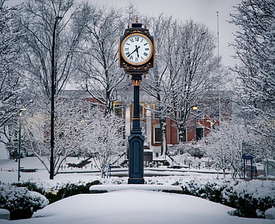 clock, winter, snowy, dreamy, campus, akron, ohio, cold temperature HD wallpaper