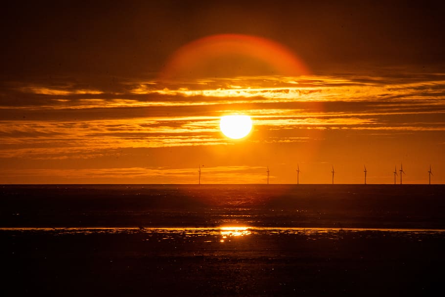 sunset, sea, clouds, orange, wind turbines, dusk, beach, beautiful HD wallpaper