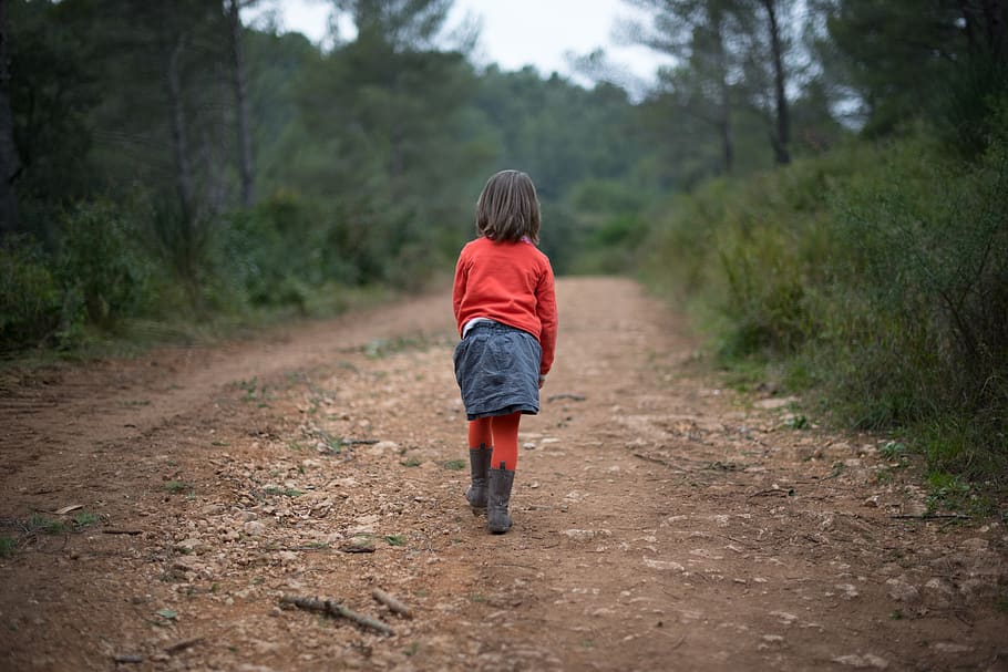 child, forest, trees, walk, people, red, foot, alone, path HD wallpaper