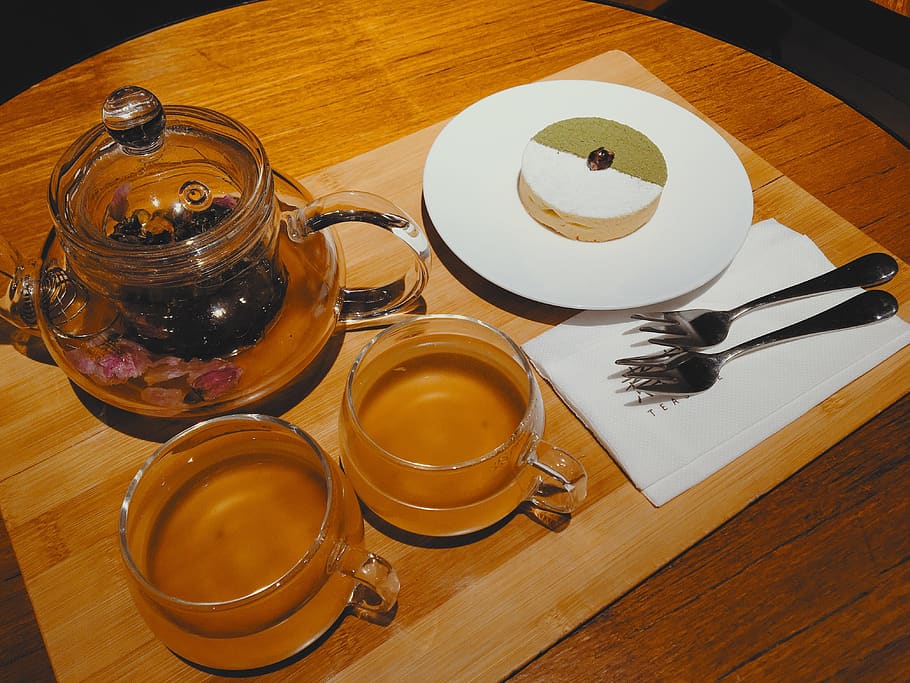 tea, matcha cake, desert, table, food and drink, high angle view, HD wallpaper