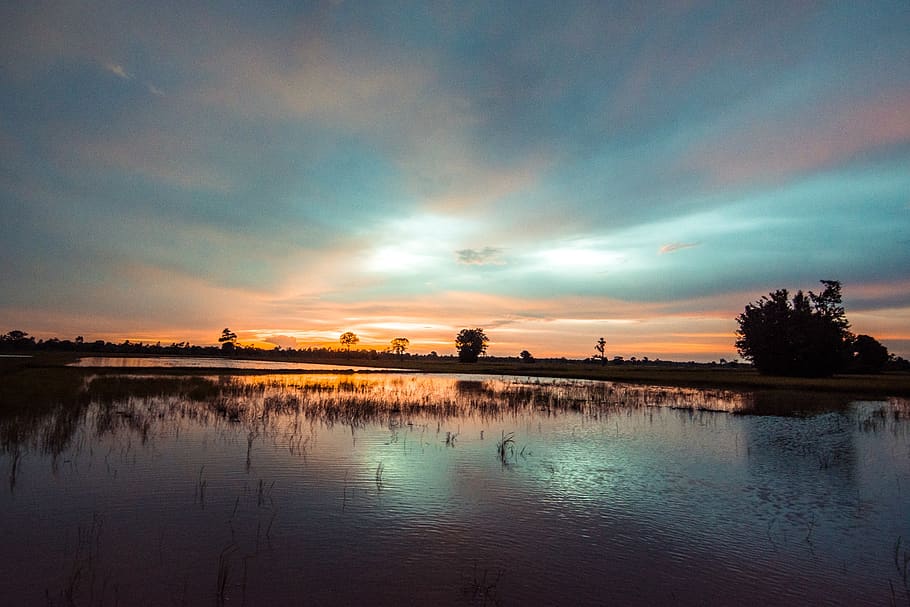 Body of Water, cropland, dawn, environment, evening, farm, farmland HD wallpaper