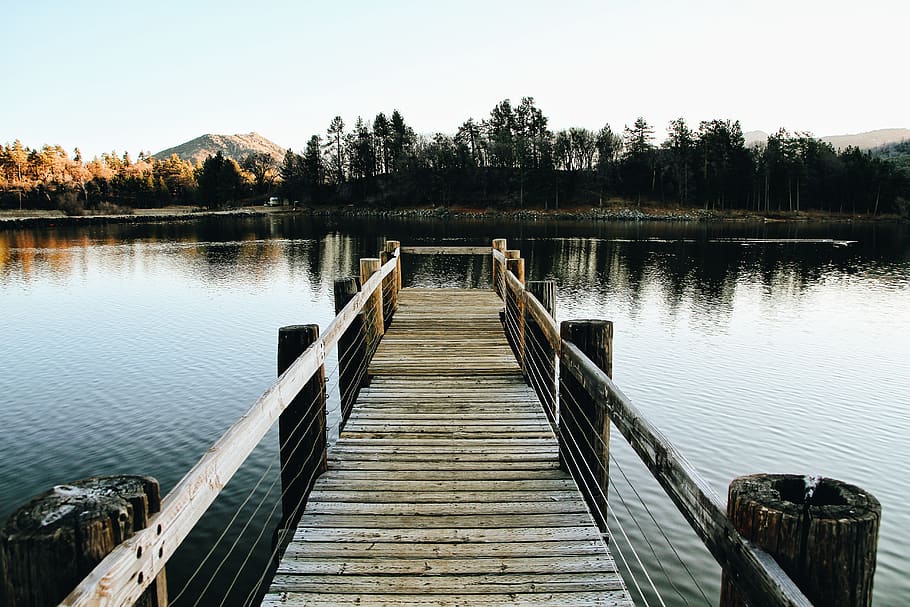 lake, deck, mountain, relaxing, chill, water, tree, wood - material HD wallpaper