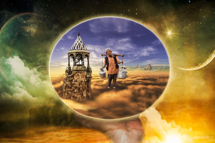 fantasy, edit, nature, human, activity, sky, architecture, digital composite HD wallpaper