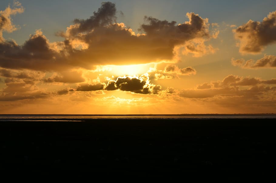 sunset, sea, water, sky, evening, dusk, landscape, lake, coast, HD wallpaper