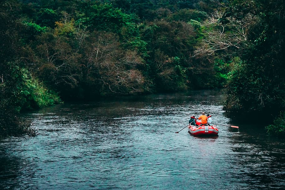 Three Persons Riding Red Inflatable Raft, action, adventure, boat, HD wallpaper