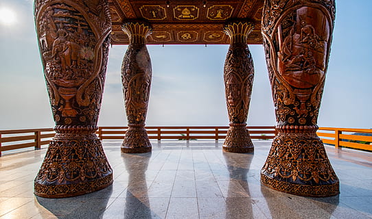brown concrete pillars, flooring, banister, handrail, building HD wallpaper