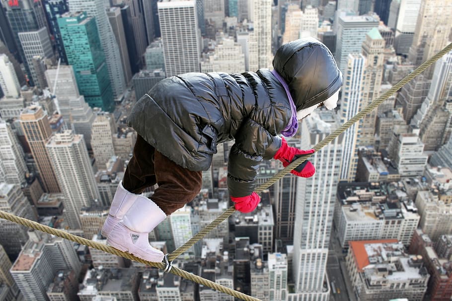child, climb, rope, abyss, dangerous, courageous, risk, balance HD wallpaper