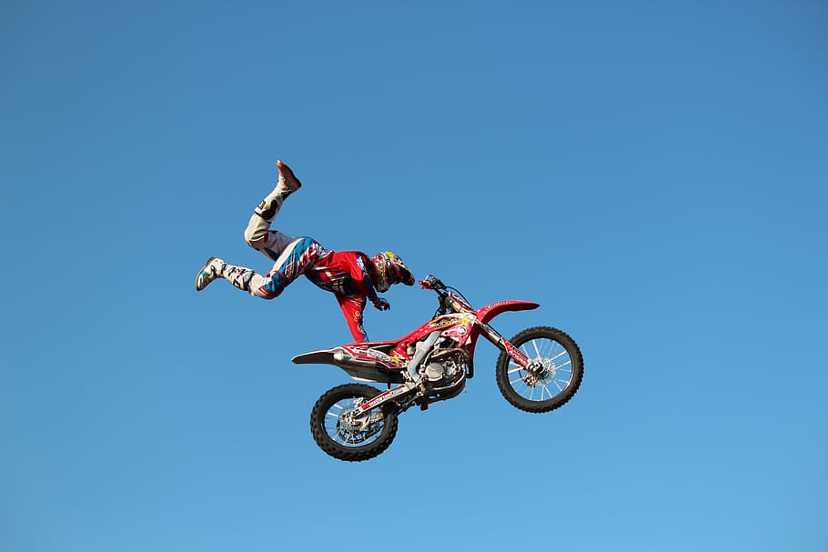 motorcycle, jump, sport, stunt, skill, extreme sports, motion, HD wallpaper
