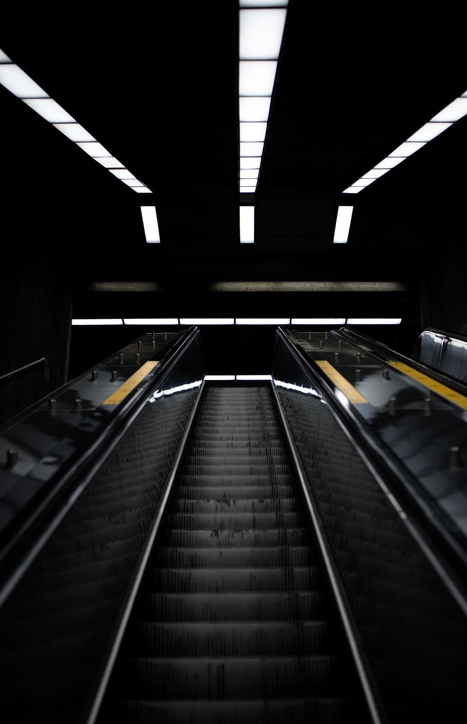 black escalator, light, dark, city, urban, staircase, modern design, HD wallpaper