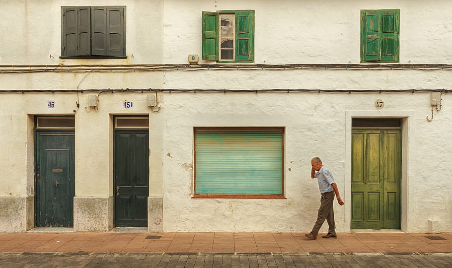 Men's Blue Top, architecture, building, closed, daylight, doors HD wallpaper