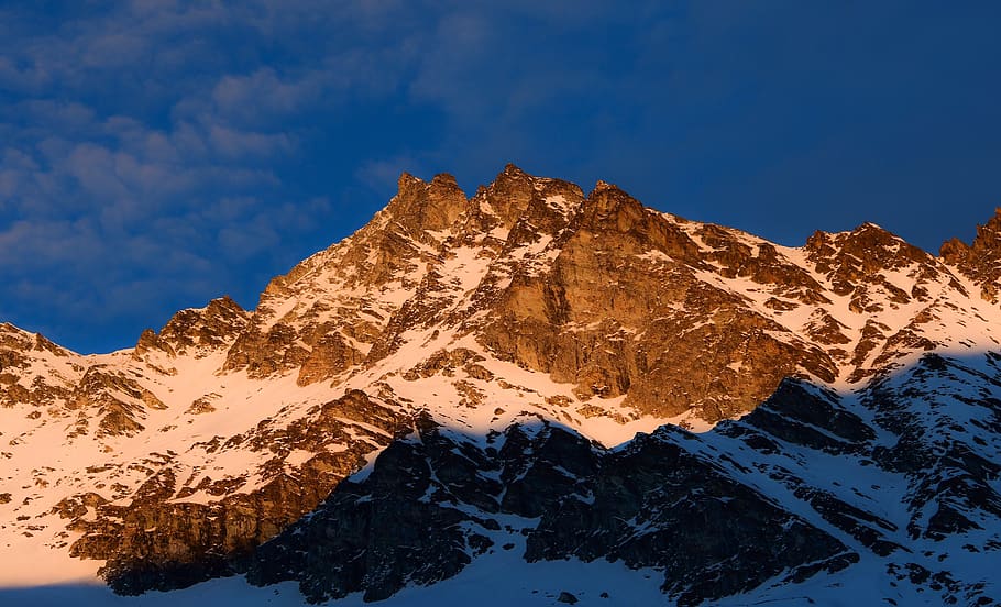 mountain, snow, rocks, winter, twilight, zinal, valais, switzerland HD wallpaper