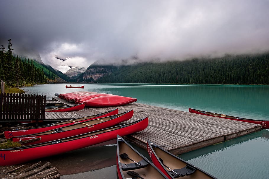 banff, lake louise, canoe, landscape, water, nautical vessel, HD wallpaper