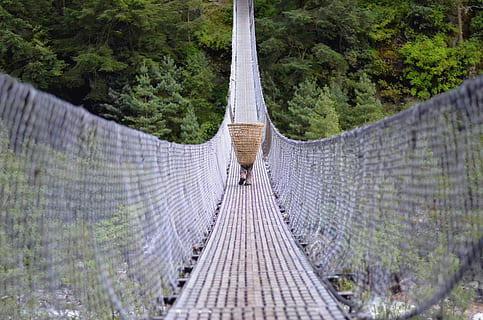 trek, nepal, bridge, man, himalaya, trekking, mountain, landscape HD wallpaper